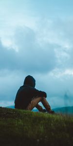 Sky,Clouds,Field,Human,Person,Miscellanea,Miscellaneous,Loneliness,Hood