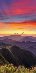 Sky,Clouds,Fog,Hills,View,Nature,Height,Sunset,Mountains