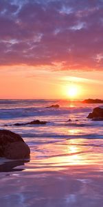 Sky,Clouds,Horizon,Shore,Bank,Sunset,Stones,Nature,Sand,Wet,Sea,Romance