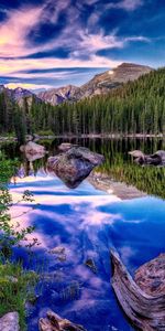 Sky,Clouds,Lake,Reflection,Shore,Bank,Snag,Nature,Stones,Mountains,Brightly,Mirror,Forest,Contrast