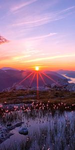 Sky,Clouds,Rocks,Lake,Shine,Beams,Rays,Dahl,Serenity,Nature,Rivers,Stones,Mountains,Light,Distance,Landscape,Sunset