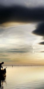 Sky,Lake,Fisherman,Nature,Clouds,Boat