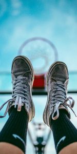 Sky,Miscellanea,Miscellaneous,Legs,Sneakers,Shoes,Footwear,Basketball Hoop,Basketball Ring