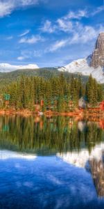 Sky,Mountains,Reflection,Shore,Bank,Coniferous,Forest,Colors,Color,Small Houses,Nature,Houses,Paints,Bottom,Landscape,Lakes