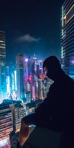 Skyscraper,Night City,Roof,Dark,Loneliness,Mask