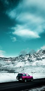 Snow,Cars,Jeep,Side View,Mountains,Road,Suv