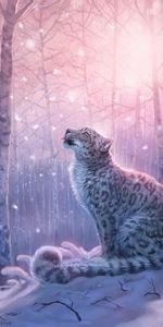 Irbis,Snow Leopard,Forêt,Léopard,Neige,Art