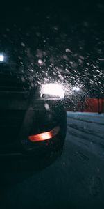 Snow,Lights,Car,Back View,Rear View,Night,Cars,Headlights