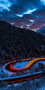 Snow,Sky,Mountains,Forest,Light,Road,Nature,Shine