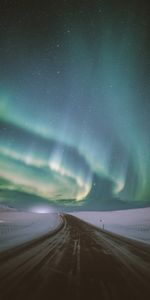 Snow,Starry Sky,Northern Lights,Aurora,Road,Nature,Aurora Borealis