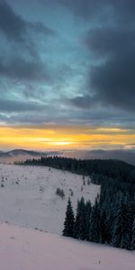 Snow,Winter,Nature,Sunset,Sky,Mountains,Clouds,Forest,Snow Covered,Snowbound