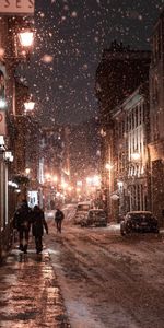 Snowfall,Evening,Cities,Winter,Night,City,Street,People