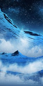 Snowstorm,Mountains,Night,Silhouette,Moonlight,Moon,Art