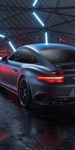 Sports Car,Porsche,Porsche 911 Turbo S,Grey,Cars,Machine,Night,Car,Sports,Neon