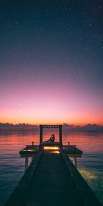 Starry Sky,Dusk,Pier,Silhouette,Loneliness,Twilight,Dark