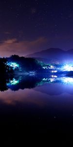 Stars,Night,Lights,Lake,Town,Nature,Houses