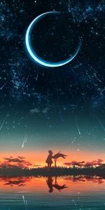 Stars,Sunset,Silhouette,Art,Moon,Girl