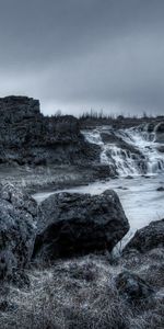 Stones,Lake,Waterfall,Evening,Nature,Black And White