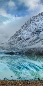 Stones,Mountains,Clouds,Lake,Reflection,Shore,Bank,Freshness,Icy,Nature,Cold,Ice