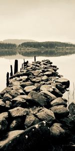 Stones,Pier,Despondency,Nature,Water,Black And White