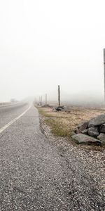 Stones,Road,Fog,Asphalt,Pointers,Pillars,Posts,Stripe,Nature,Band