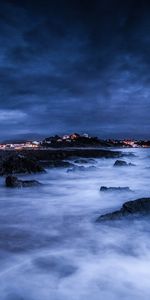 Stones,Sea,Night,Clouds,Lights,Shore,Bank,Nature,Moon