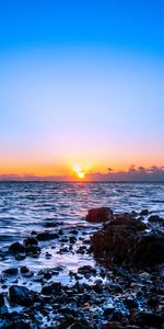 Stones,Sea,Sun,Horizon,Sunset,Nature