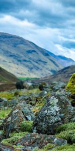 Stones,Sky,Moss,Mainly Cloudy,Overcast,Hollow,Combe,Nature,Mountains