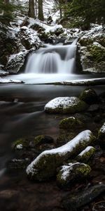 Stones,Snow,Waterfall,Snow Covered,Snowbound,Moss,Nature