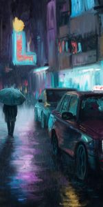 Silueta,Ciudad Nocturna,Arte,Pintura,Ciudad De Noche,Cuadro,Automóvil,Calle,Lluvia