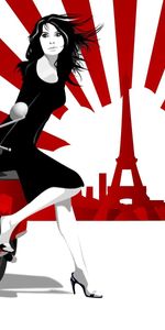 Stroll,Scooter,Lines,Eiffel Tower,Girl,Paris,Vector