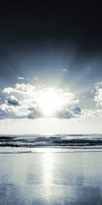 Sun,Clouds,Shore,Bank,Beams,Rays,Nature,Sand,Beach,Black And White