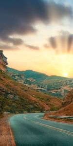 Sunrise,Sun,Rocks,Road,Rise,Nature