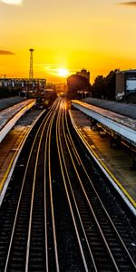 Puesta Del Sol,Ferrocarril,Un Tren,Ciudades,Tren