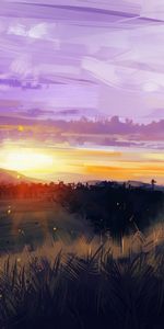 Sunset,Grass,Mountains,Art,Landscape