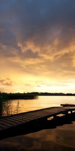 Sunset,Lake,Shore,Bank,Pier,Bridge,Outlines,Nature