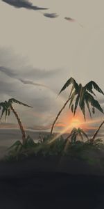 Puesta Del Sol,Palms,Isla,Paisaje,Arte