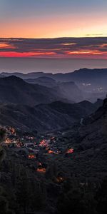 Sunset,Mountains,Hills,Settlement,Nature