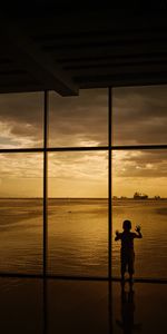 Sunset,Sea,Clouds,Silhouette,Window,Dark,Child