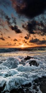 Sunset,Sea,Foam,Surf,Nature