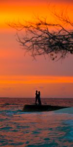 Silhouettes,Coupler,Paire,Coucher De Soleil,Amour,Mer,Sombre