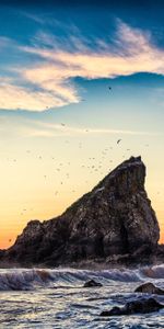 Sunset,Sea,Rock,Cliff,Nature,Waves