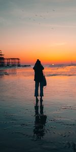 Sunset,Sea,Silhouette,Loneliness,Beach,Dark