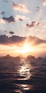 Sunset,Sea,Sun,Rocks,Rays,Beams,Nature