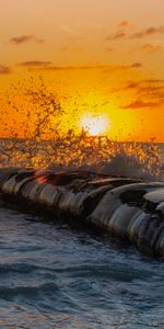 Sunset,Sea,Sun,Spray,Waves,Nature