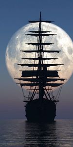 Sunset,Ship,Miscellaneous,Miscellanea,Moon,Sea