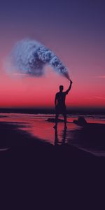 Sunset,Shore,Bank,Human,Person,Coloured Smoke,Colored Smoke,Dark