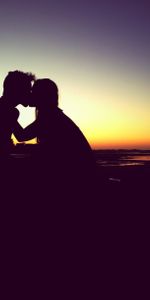 Sunset,Silhouette,Pair,Couple,Kiss,Love