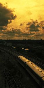 Sunset,Sky,Dark,Oily,Railway,Picture,Oil,Drawing,Train