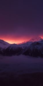 Sunset,Sky,Fog,Snowbound,Snow Covered,Vertices,Clouds,Nature,Mountains,Dark